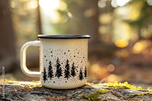 Touristic Camp Mug Mockup on Forest Lifestyle Background - Showcase your Mug Designs in a Rustic Environment photo