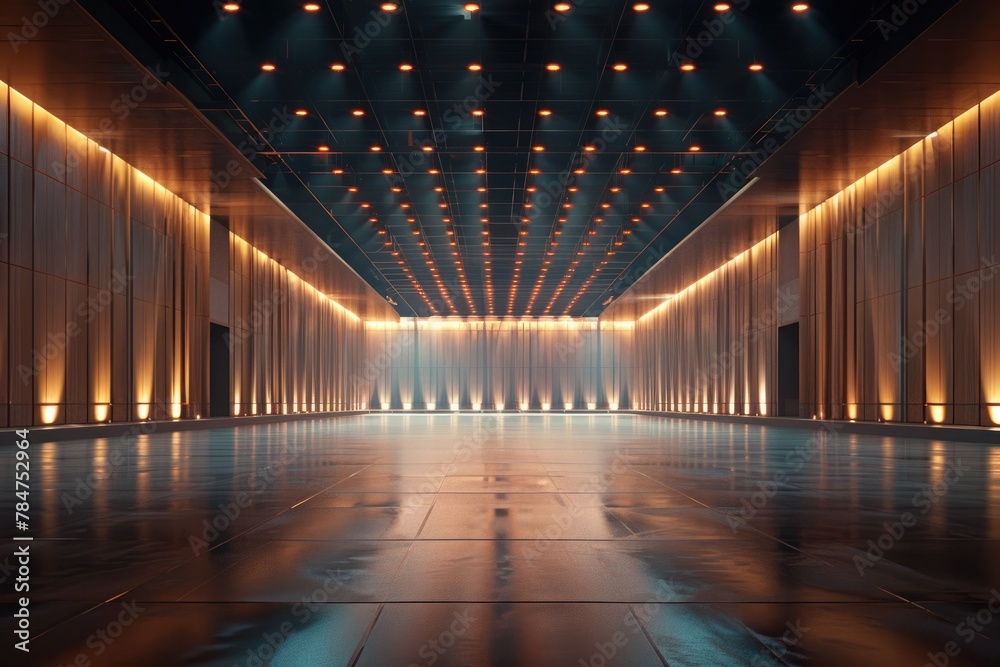 Versatile Convention Hall for Events and Celebrations. 3D Render of Spacious Ballroom with Stage and Booth Elements for Exhibitions and Conferences