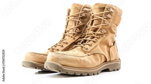 Used Army Boot on White Background. Military Soldier's Brown Boot for Battle and Fight in Uniform
