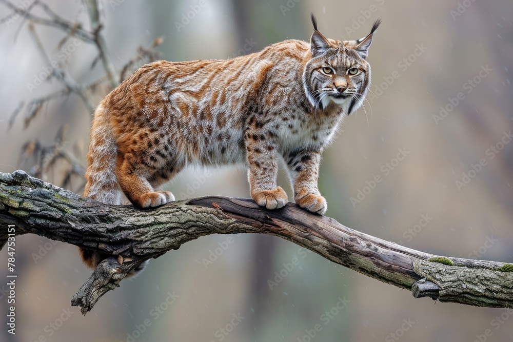Obraz premium Wildlife Encounter: Majestic Bobcat (Lynx rufus) Standing Proudly on a Branch Outdoors - A Stunning Image of a Feline Creature in Its Natural Habitat