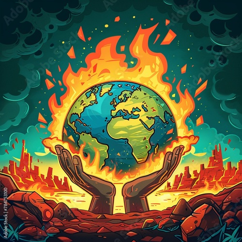 The Earth cradled in human hands, catching fire, emphasizing the human responsibility and the dire need for action, comic style