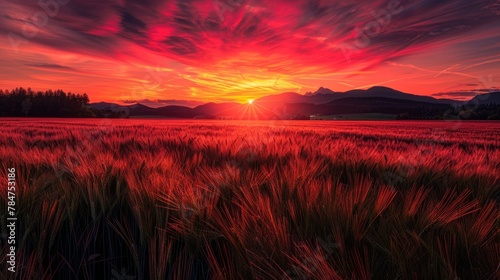 Tranquil Sunset Over Field and Water with Vibrant Colors