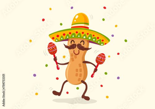 Vector illustration of peanut in sombrero for Cinco de mayo festival.