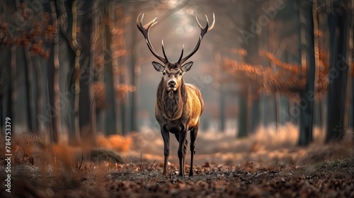 Majestic Red Deer Staring in Autumn Forest