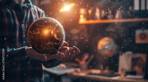 A student or scientist holds a globe, studying gravitational forces from the solar system that influence our planet photo