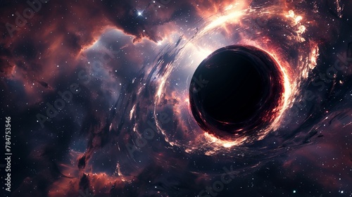 Abstract space wallpaper showing a black hole with star fields, resembling the letter 'O' and emitting sparks of light photo