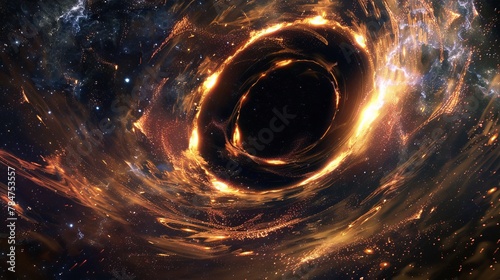 Abstract space wallpaper showing a black hole with star fields, resembling the letter 'O' and emitting sparks of light