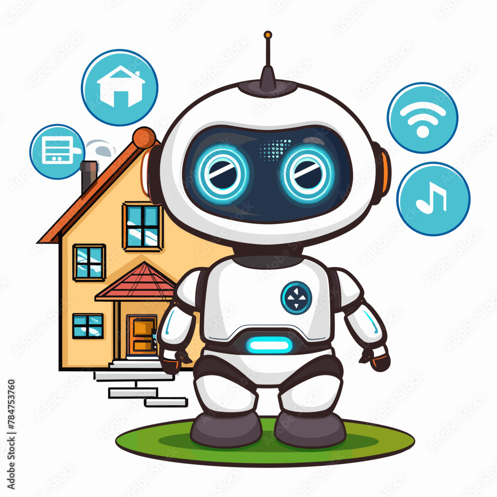 Fototapeta premium cute robot with house and social media icons vector illustration graphic design