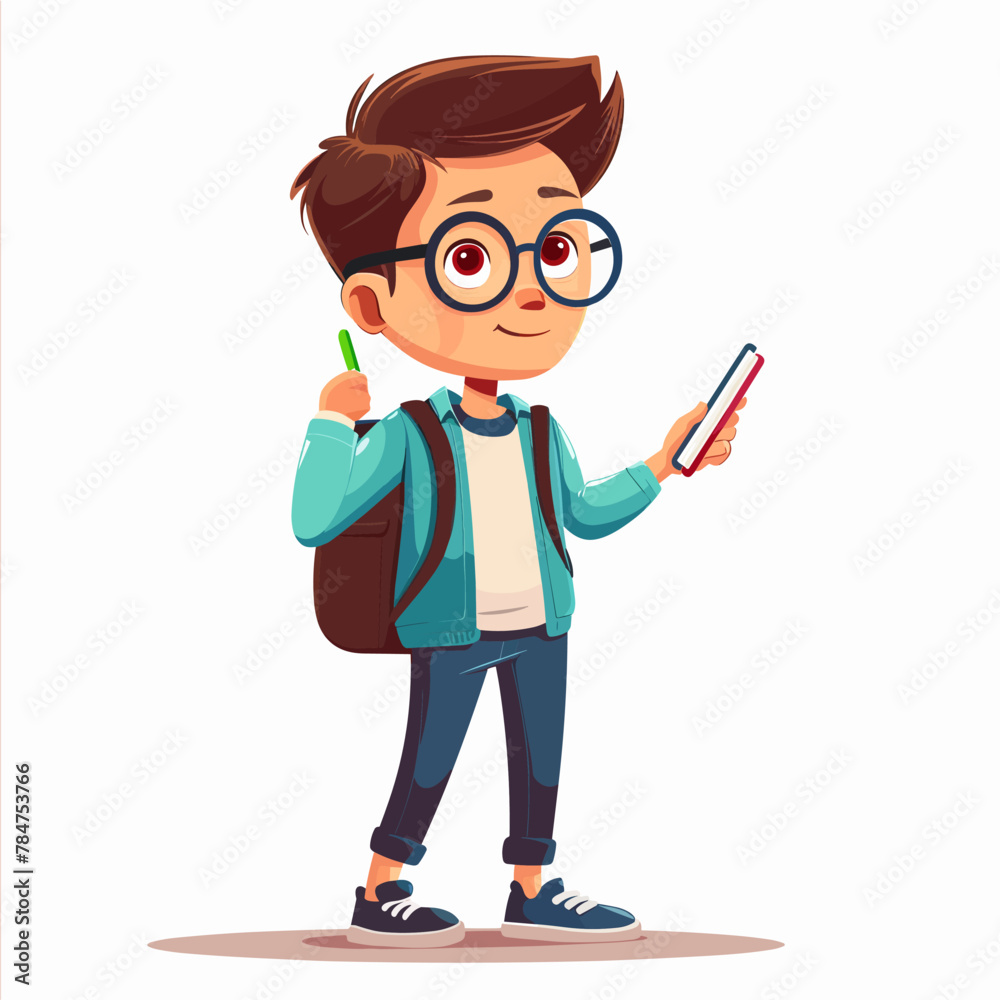 Cute schoolboy with backpack and mobile phone. Vector illustration.