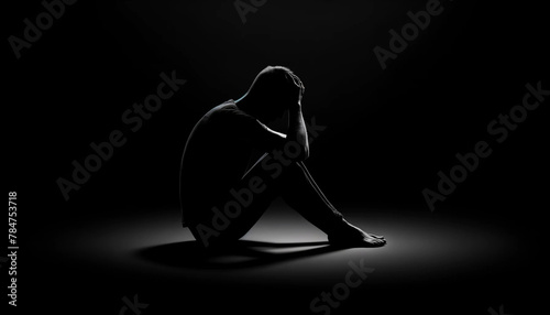 A shadowy figure of a man sitting alone, conveying emotions of sadness, worry, or fear on a black background mental health awareness