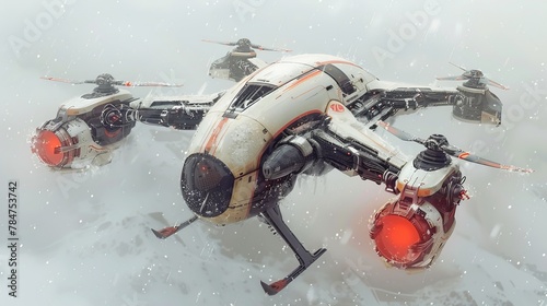 Detailed sci-fi drone concept art with engineering annotations and vibrant design