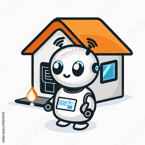 Cute robot with smart house. Technology concept. Vector illustration.