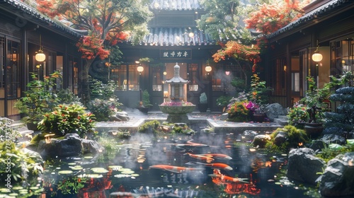 Serene traditional Asian courtyard with vibrant autumn foliage and tranquil pond
