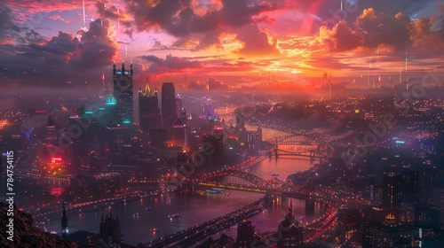 Futuristic cityscape at sunset with vibrant pink skies and flowing traffic
