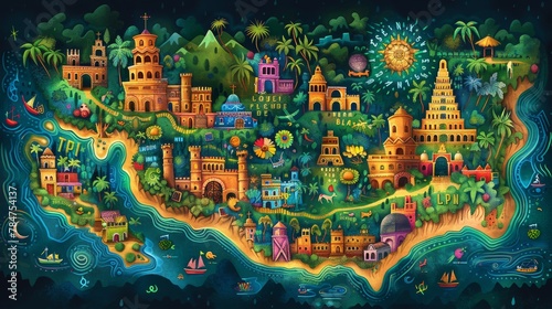 Colorful illustrated map of Latin America with cultural icons and landmarks © Yusif