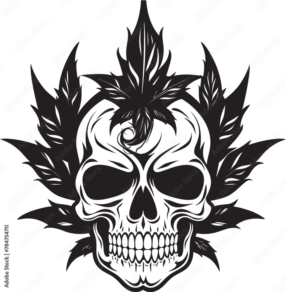 Fototapeta premium Mariabone Logo Cannabis Vector Emblem Skullscape Vision Skull with Cannabis Symbol