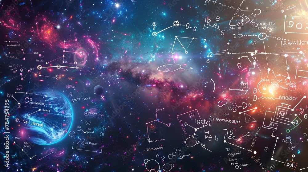Space Math Pic Mathematical and physical formulas set against a galaxy background ...