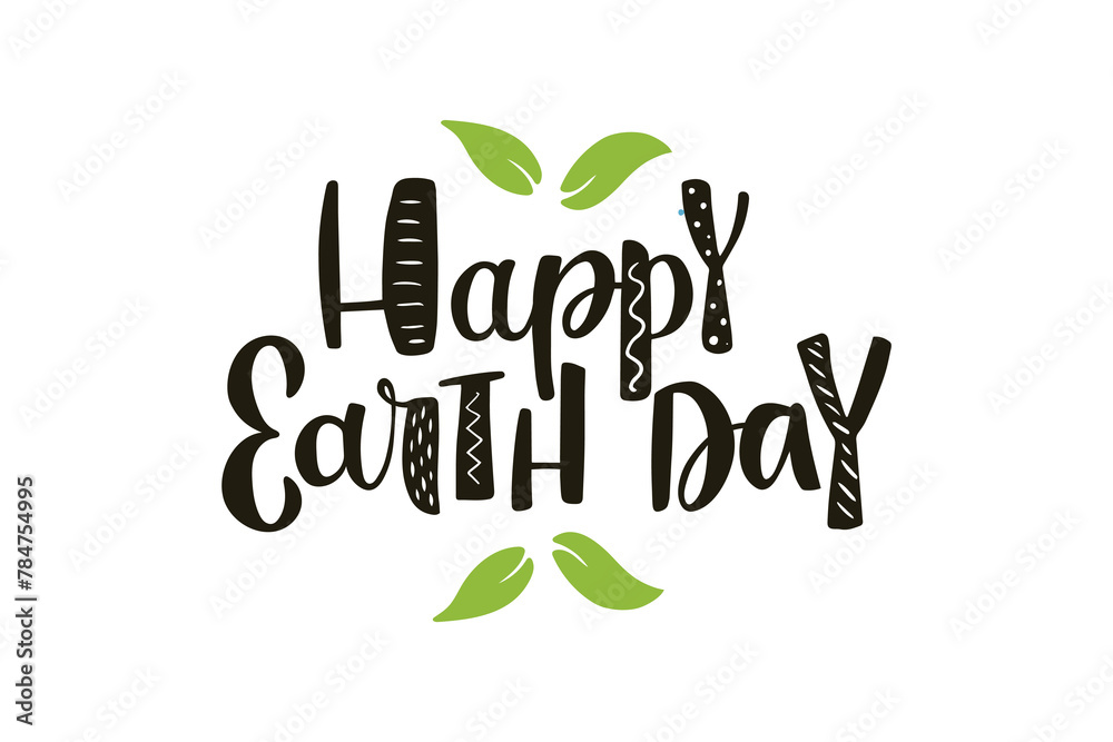 Fototapeta premium Happy earth day handwritten text. Poster design isolated on white background. Vector doodle illustration. Hand lettering typography, modern brush calligraphy, ecology concept 