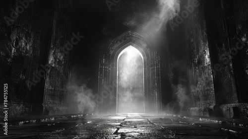 Mysterious medieval castle entrance with illuminated gothic doors on a foggy night photo