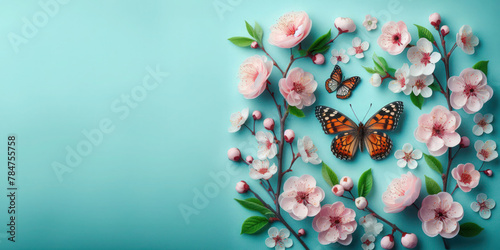 spring nature background with butterfly, fresh blossom on blue background, frame, Springtime, summer banner concept