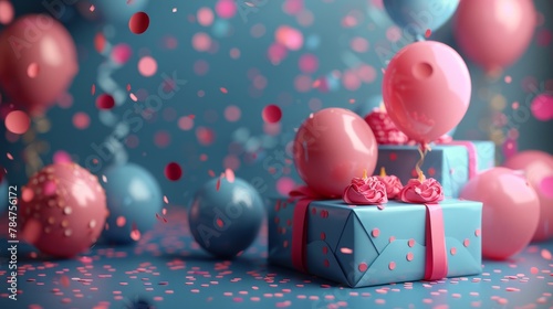 Blue Gift Box With Pink and Blue Balloons and Confetti