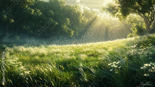 Sunlight Peeking Through Clouds Over Grass Field