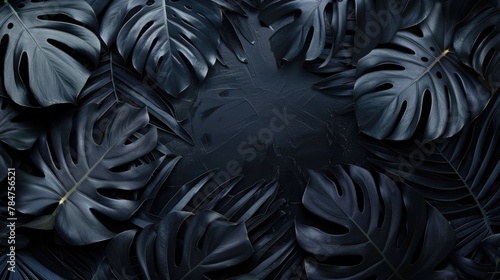 Dark Botanic Decor: Black Monstera Leaves Background Wallpaper with Copy Space for Botanical Design 