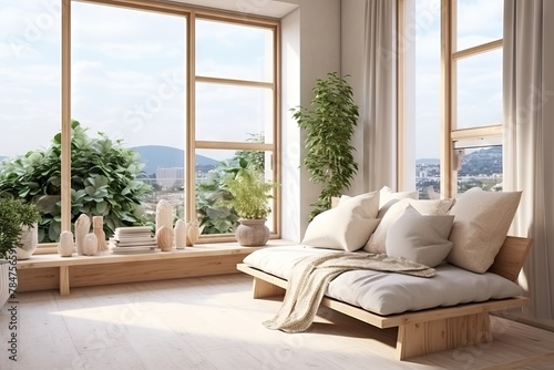 Bright room with large panoramic windows in a minimalist eco-style and wooden furniture