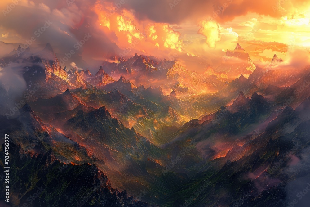 Captures the Splendor of Mountains Bathed in Soft Morning Light with a Dramatic Orange Sky View