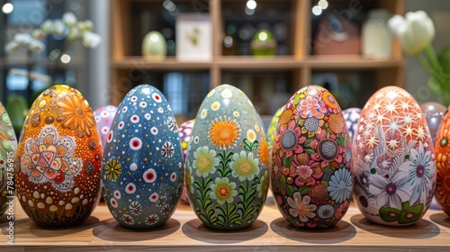 Row of Painted Eggs on Wooden Table