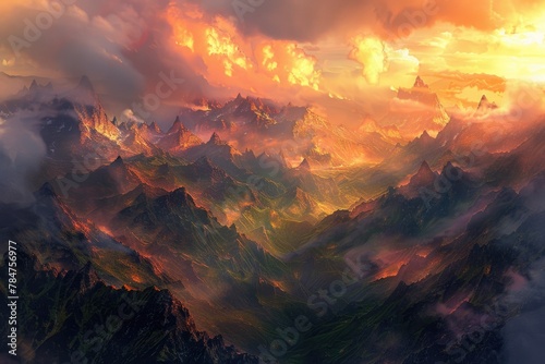 Captures the Splendor of Mountains Bathed in Soft Morning Light with a Dramatic Orange Sky View