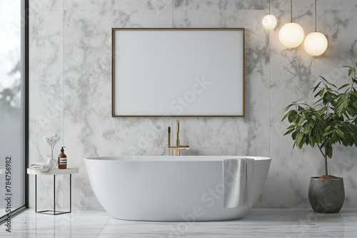 Luxurious bathroom with mockup frame. An opulent bathroom setup with marble elements and a mockup frame  suitable for luxury home marketing and design showcases.