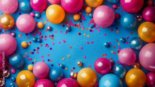 Colorful Balloons and Confetti on a Blue Background
