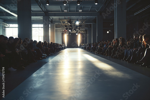 Audience Seated Along the Runway at a Fashion Show Under Spotlight.