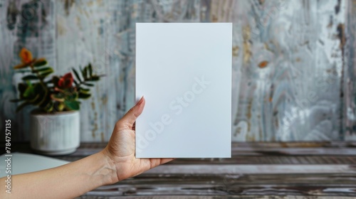 Human hands holding a white blank paper in the office building background. AI generated image