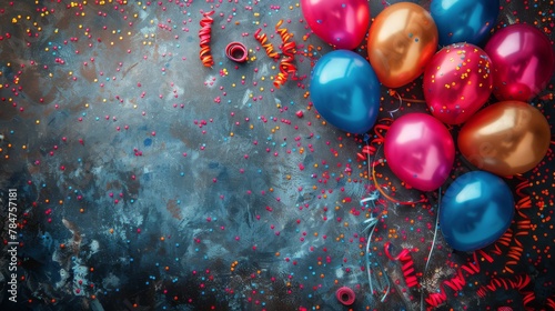 Colorful Balloons and Confetti on a Blue Background