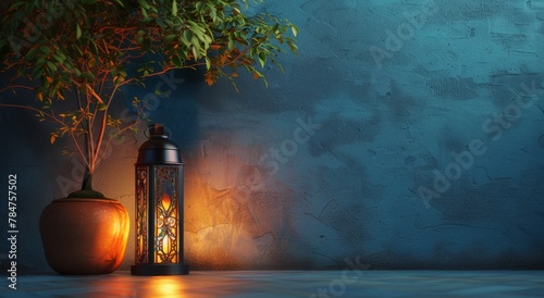 Lit Lantern Beside Potted Plant on Table