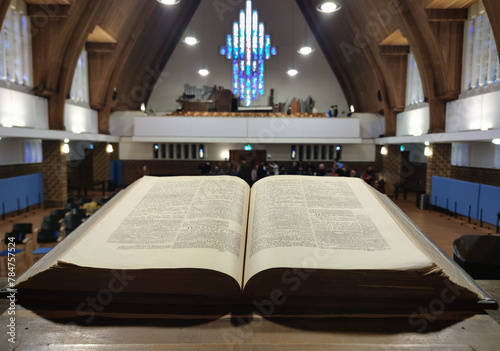 Old Bible on pulpit in a Protestant church