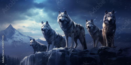 A wolf pack huddled together under a starry sky, their unity and loyalty evident in their protective stance towards each other. 