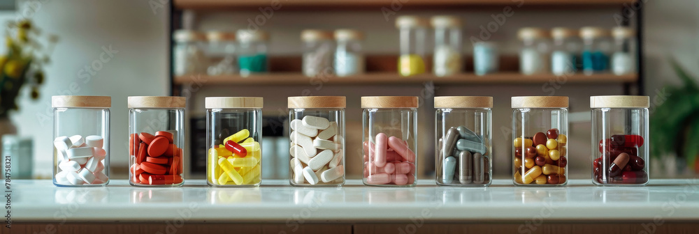 Variety of Pills in Glass Jars on Shelf. A neat arrangement of glass jars with wooden lids, each filled with different colored pills and tablets, on a modern kitchen shelf.