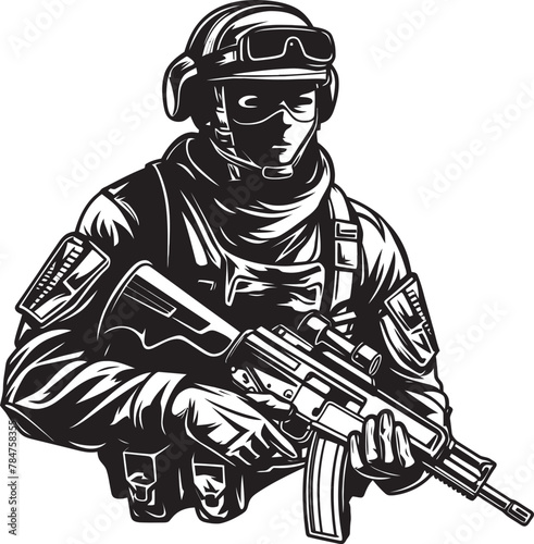 Tactical Trooper Military Logo Design Vigilant Vanguard Soldier with Assault Rifle Icon