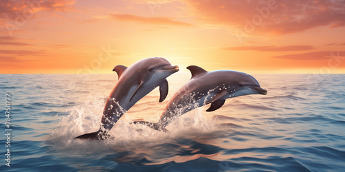 A group of dolphins leaping joyfully in unison, their synchronized jumps creating a mesmerizing display of aquatic grace.  © Kaneez