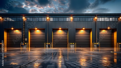 Nighttime at the Industrial Facade with Illuminated Doors. Concept Industrial Architecture, Night Photography, Illuminated Doors, Urban Landscape