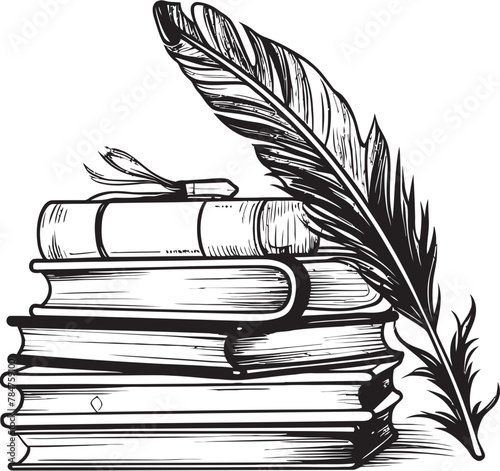 Inkwell Illumination Emblematic Logo Icon Tome and Tradition Quill and Books Symbol