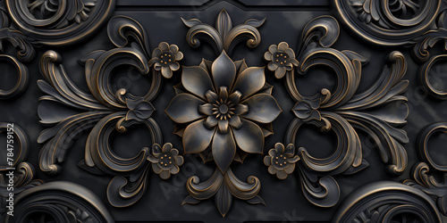 Detailed grey flower ornament pattern on the wall with metallic gold accents. Generative AI