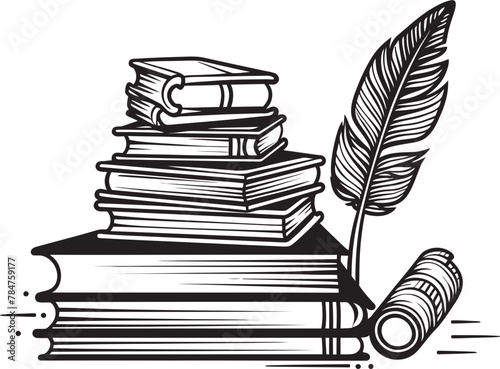 Ink and Imagination Quill and Books Logo Scholars Spire Symbolic Book Stack Icon