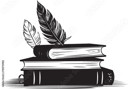 Ink and Insights Symbolic Quill and Tome Logo Scholars Scribe Iconic Book Stack Emblem