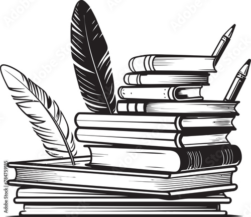 Knowledge Quill Symbolic Book Stack Icon Writers Repository Quill and Books Emblem