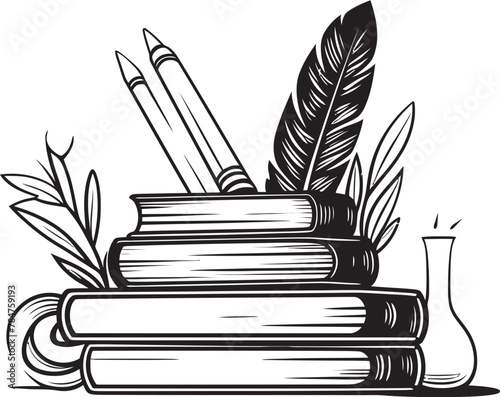 Literary Linchpin Symbolic Book Stack Icon Quill Quest Iconic Emblematic Logo