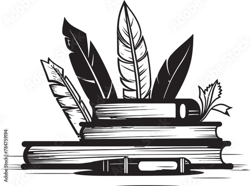 Quill Chronicles Iconic Quill and Parchment Logo Literary Linchpin Symbolic Book Stack Icon